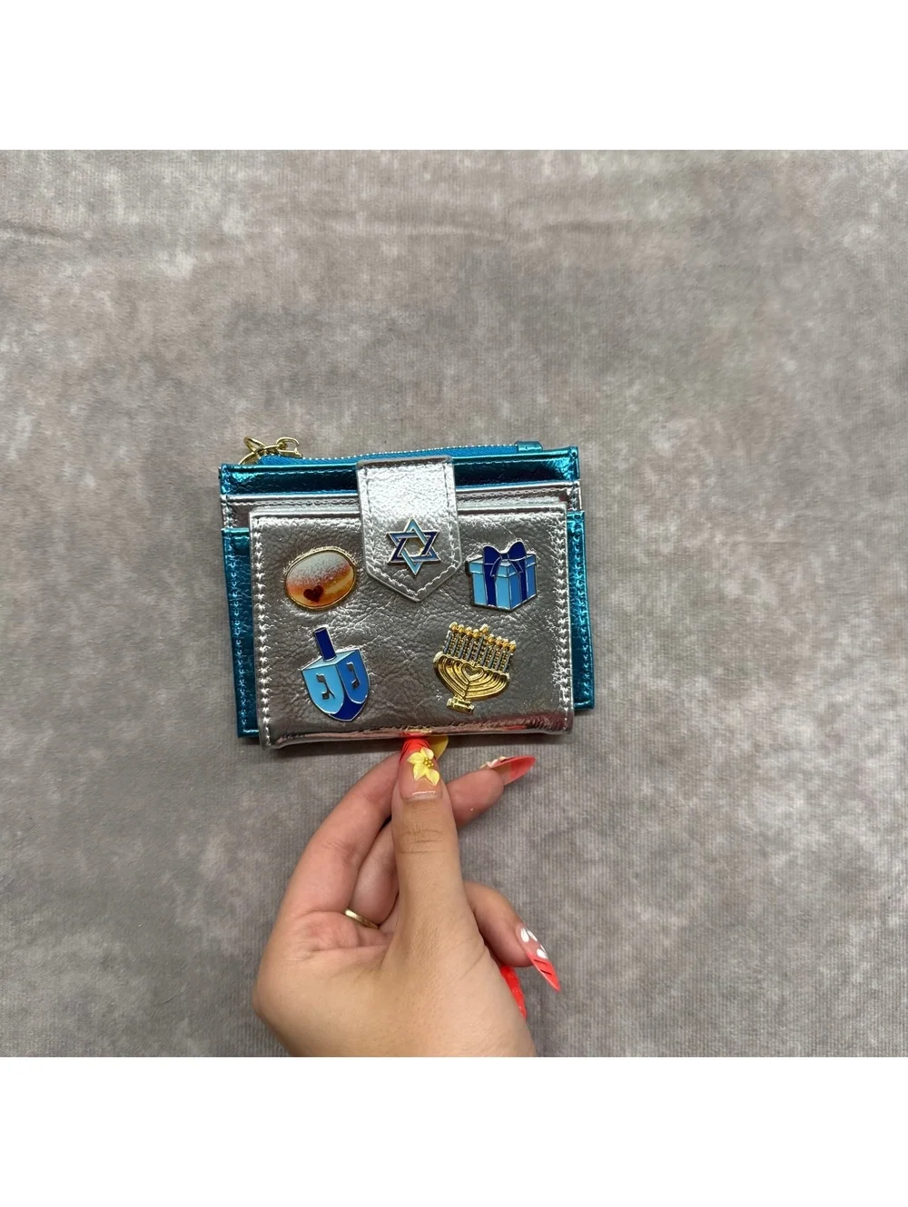 Betsey Johnson Hanukkah Metallic Silver Blue Card Holder Coin Purse Wallet